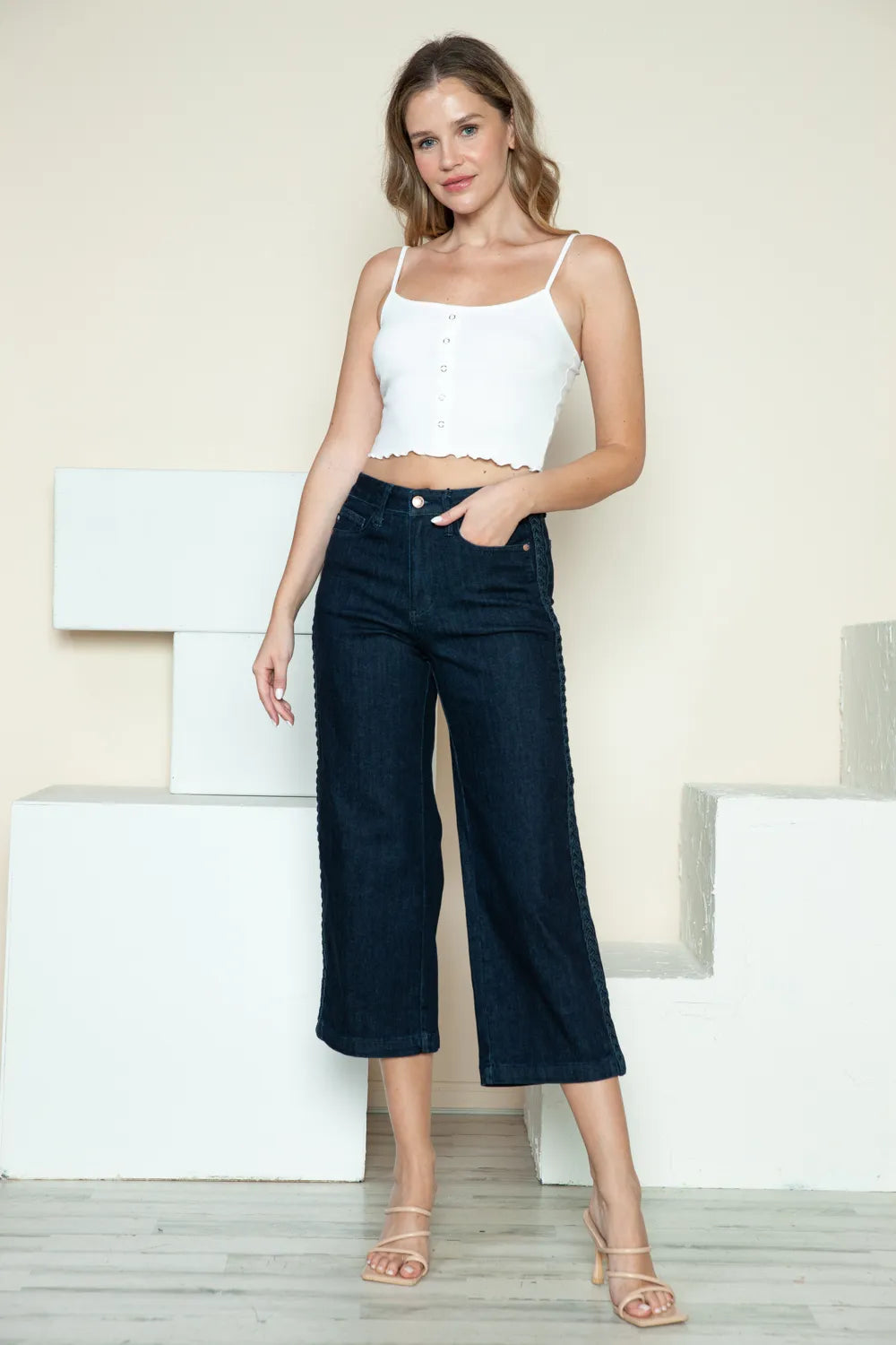 Judy Blue Full Size Side Seam Braid Detail Crop Wide Leg Jeans Carauana Store