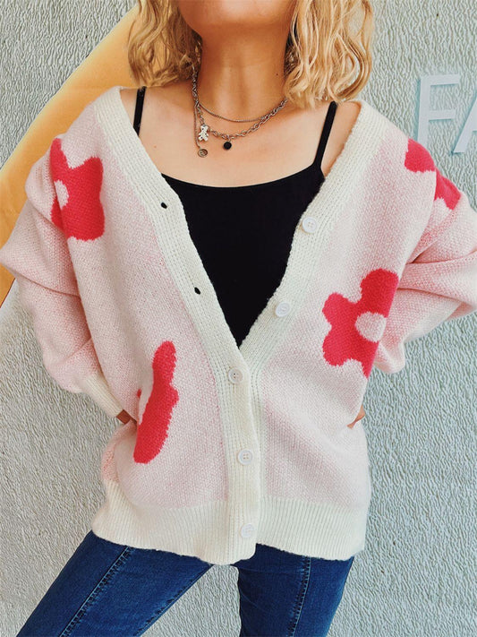 Flower Button Down V-Neck Long Sleeve Cardigan Carauana Store
