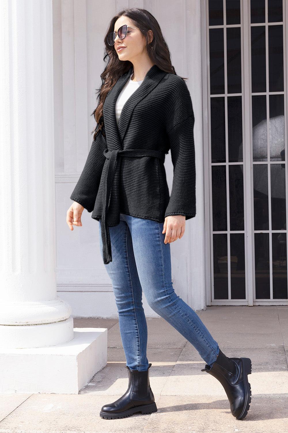 Tied Open Front Long Sleeve Cardigan Carauana Store