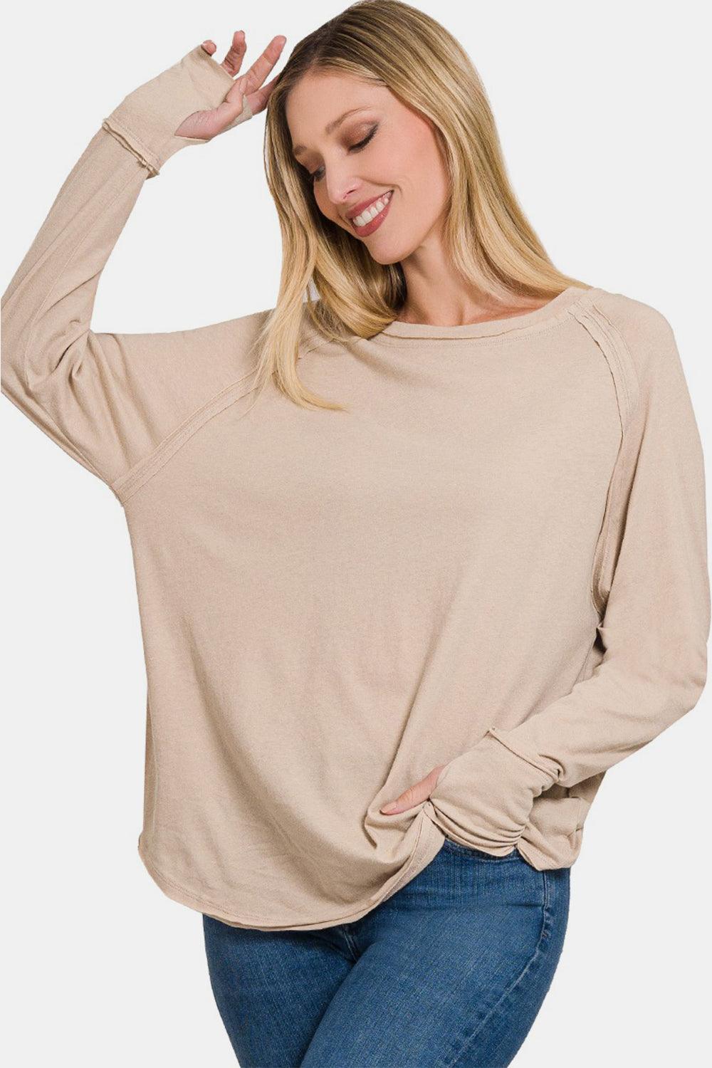 Zenana Round Neck Thumbhole Long Sleeve Top Carauana Store