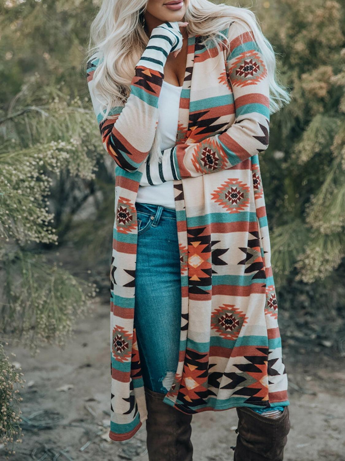 Geometric Open Front Long Sleeve Cardigan Carauana Store