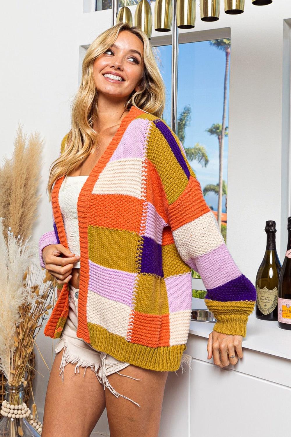 BiBi Checkered Color Block Sweater Cardigan Carauana Store