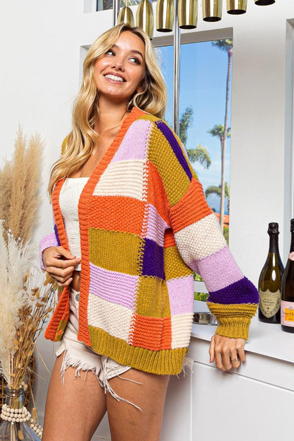 BiBi Checkered Color Block Sweater Cardigan Carauana Store