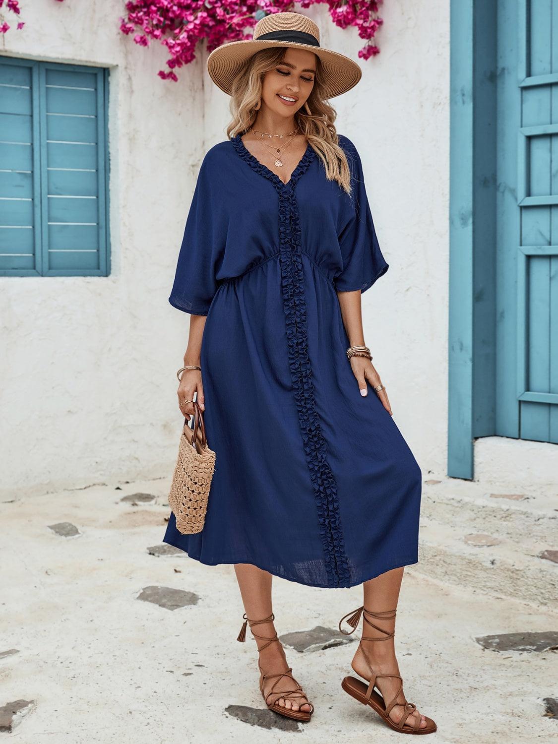 Frill Slit V-Neck Three-Quarter Sleeve Dress Carauana Store