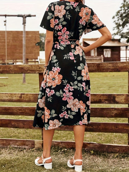 Tied Floral Surplice Short Sleeve Dress Carauana Store