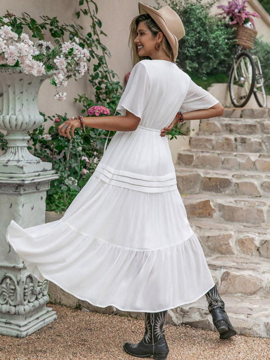 Tie Neck Short Sleeve Ruffle Hem Dress Carauana Store