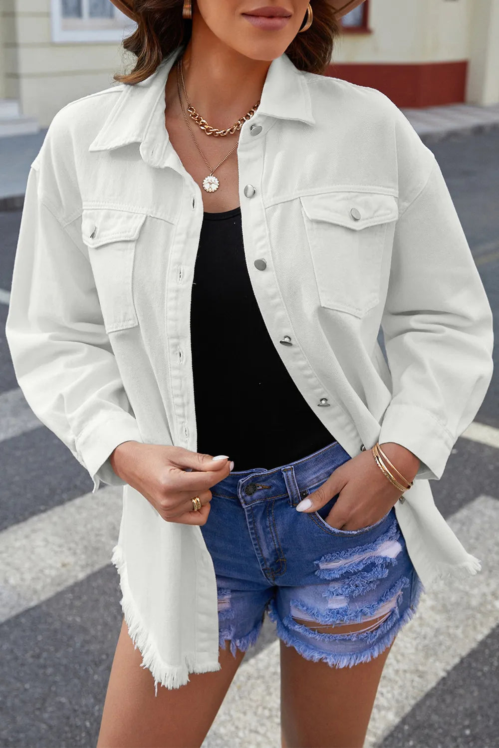 Button Up Pocketed Raw Hem Denim Jacket Carauana Store