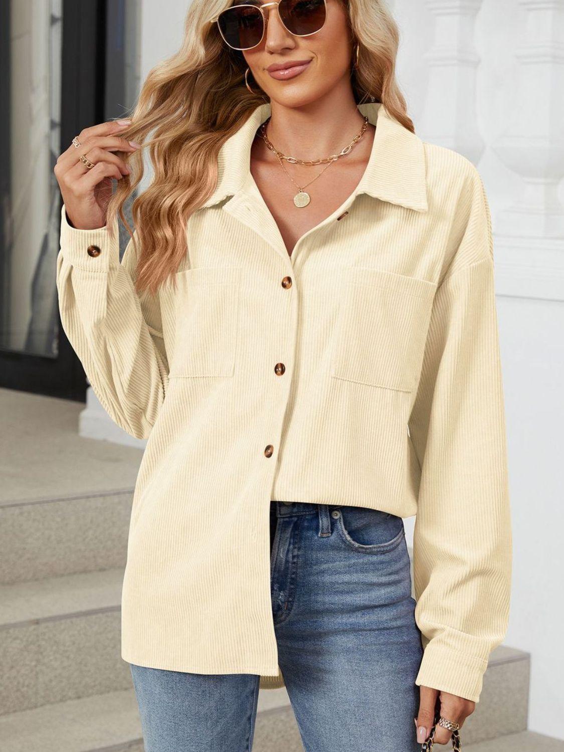 Button Up Dropped Shoulder Long Sleeve Outerwear Carauana Store