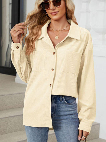 Button Up Dropped Shoulder Long Sleeve Outerwear Carauana Store