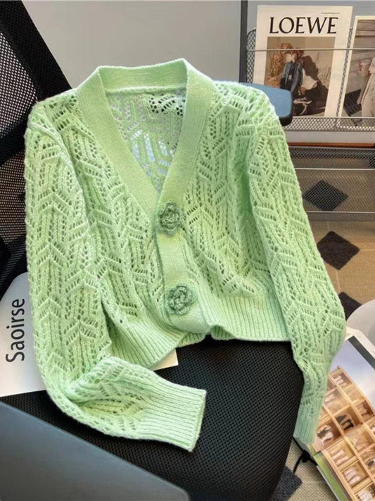 Openwork V-Neck Dropped Shoulder Cardigan Carauana Store