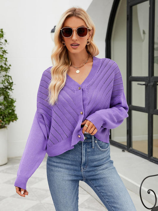 Eyelet Button Front Long Sleeve Cardigan Carauana Store