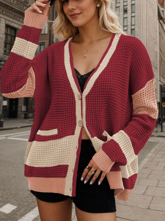 Contrast Button Up Long Sleeve Cardigan Carauana Store