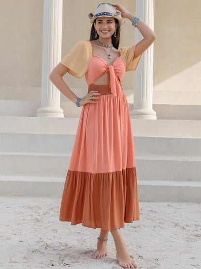 Color Block Tie Front Smocked Midi Dress Carauana Store
