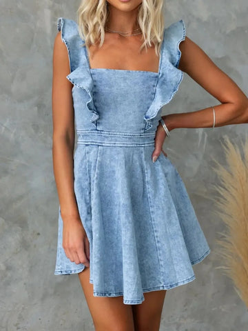 Ruffled Square Neck Denim Mini Dress