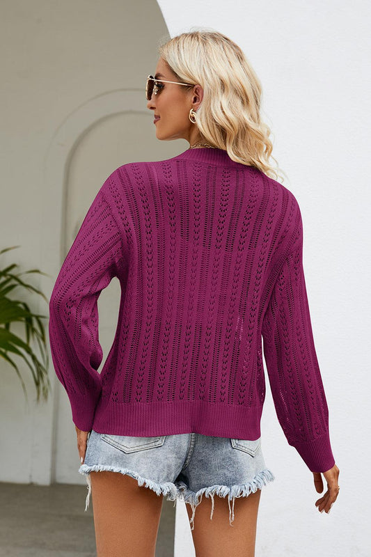 Openwork Button Front V-Neck Cardigan Carauana Store