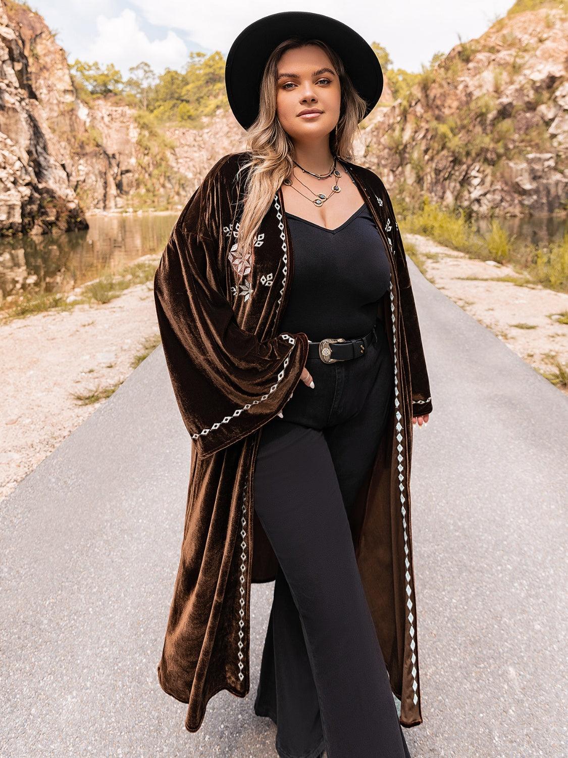 Plus Size Embroidery Open Front Long Sleeve Cardigan Carauana Store