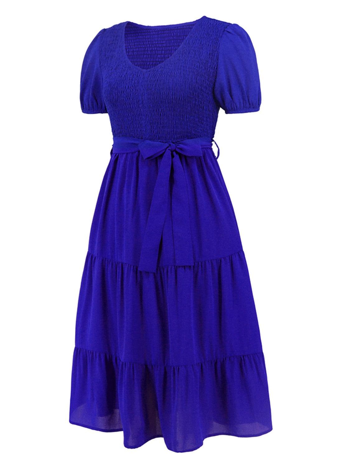 Smocked Tie Front Short Sleeve Tiered Dress Carauana Store