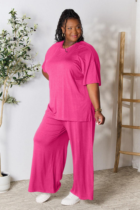 Double Take Full Size Round Neck Slit Top and Pants Set Carauana Store
