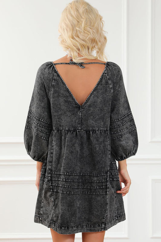 V-Neck Tie Back Mini Denim Dress Carauana Store