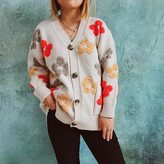 Floral V-Neck Button Up Cardigan with Pockets Carauana Store