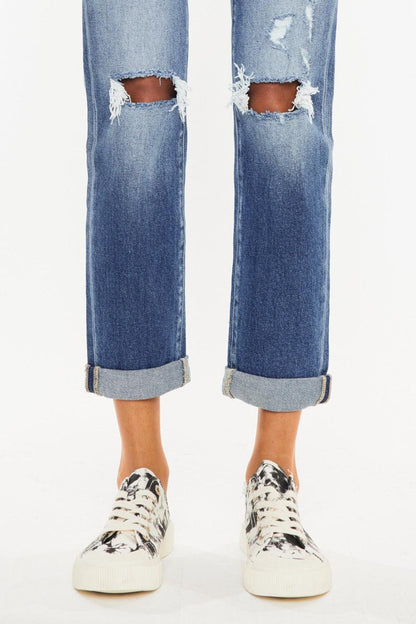Kancan High Waist Distressed Hem Detail Cropped Straight Jeans Carauana Store