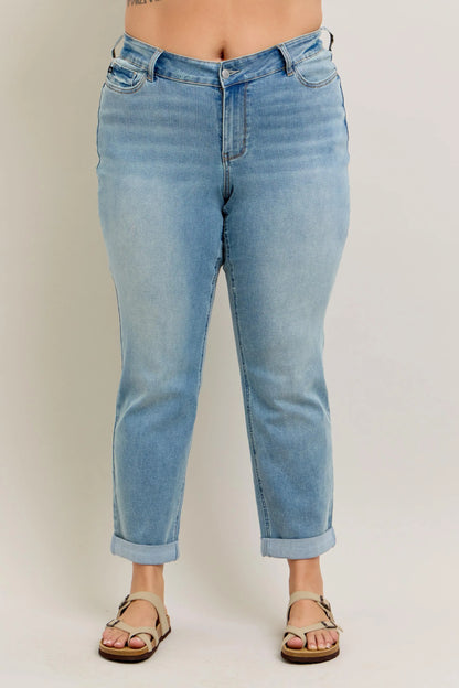 Judy Blue Full Size V-Front Cuff Boyfriend Jeans Plus Size