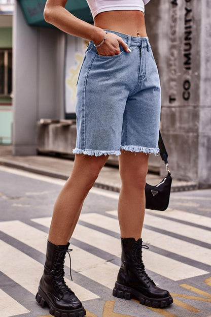 Raw Hem Denim Shorts with Pockets Carauana Store