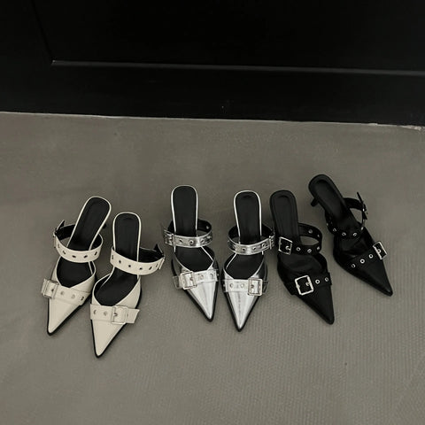 Point Toe Flare Heel Buckle Sandals