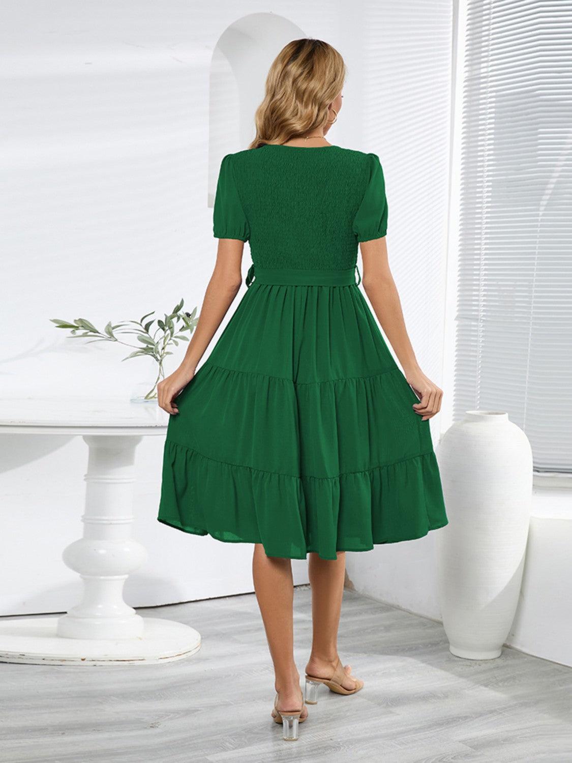 Smocked Tie Front Short Sleeve Tiered Dress Carauana Store