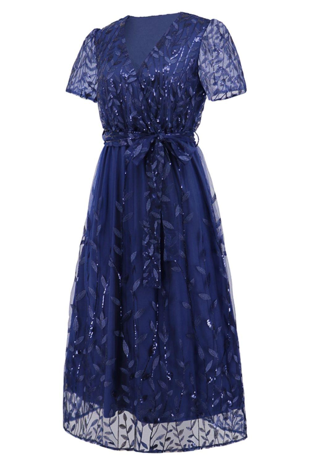 Sequin Leaf Embroidery Tie Front Short Sleeve Dress Carauana Store