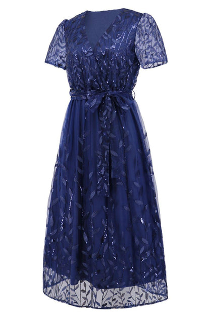 Sequin Leaf Embroidery Tie Front Short Sleeve Dress Carauana Store