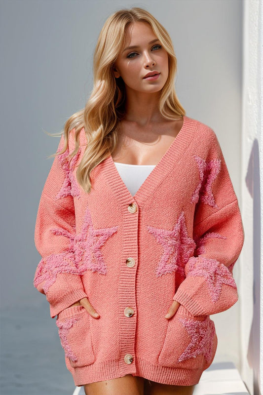 Double Take Full Size Button Up Star Pattern Cardigan Carauana Store