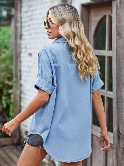 Collared Neck Denim Jacket with Pockets Carauana Store