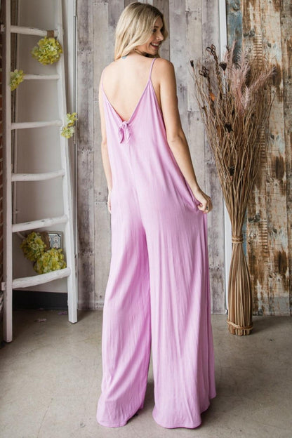 Veveret Pocketed Spaghetti Strap V-Neck Wide Leg Jumpsuit Carauana Store