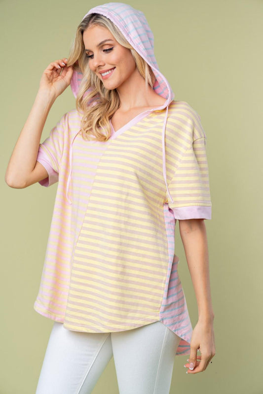 White Birch Full Size Striped Short Sleeve Drawstring Hooded Top Carauana Store