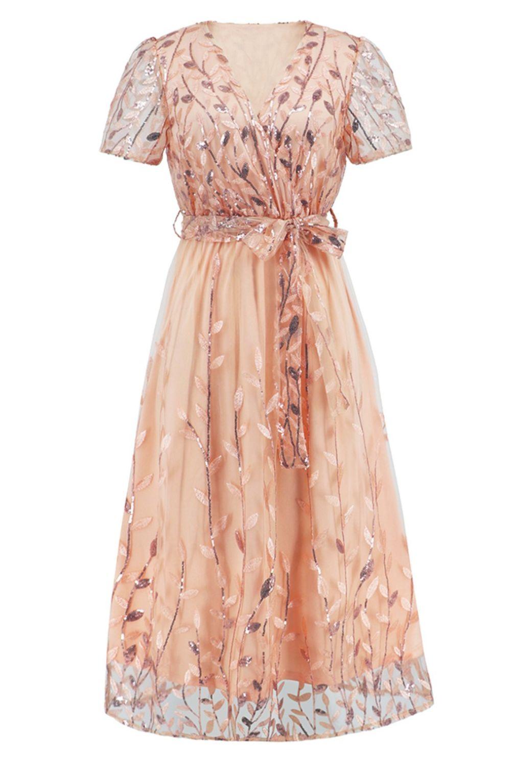 Sequin Leaf Embroidery Tie Front Short Sleeve Dress Carauana Store