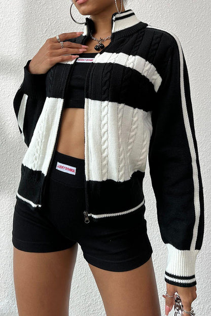 Cable-Knit Color Block Raglan Sleeve Cardigan Carauana Store