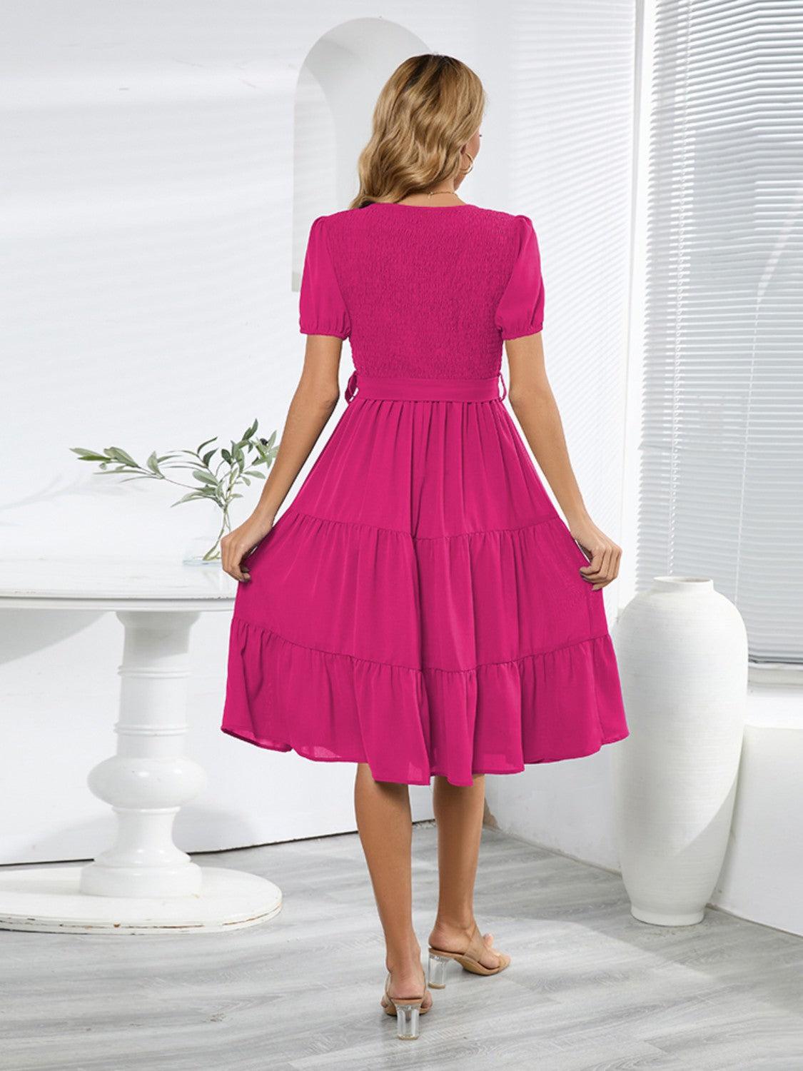 Smocked Tie Front Short Sleeve Tiered Dress Carauana Store