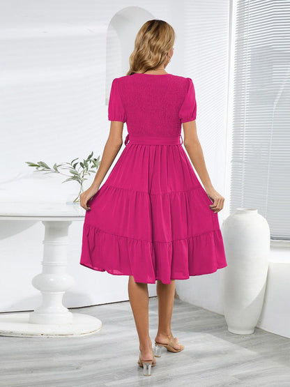 Smocked Tie Front Short Sleeve Tiered Dress Carauana Store