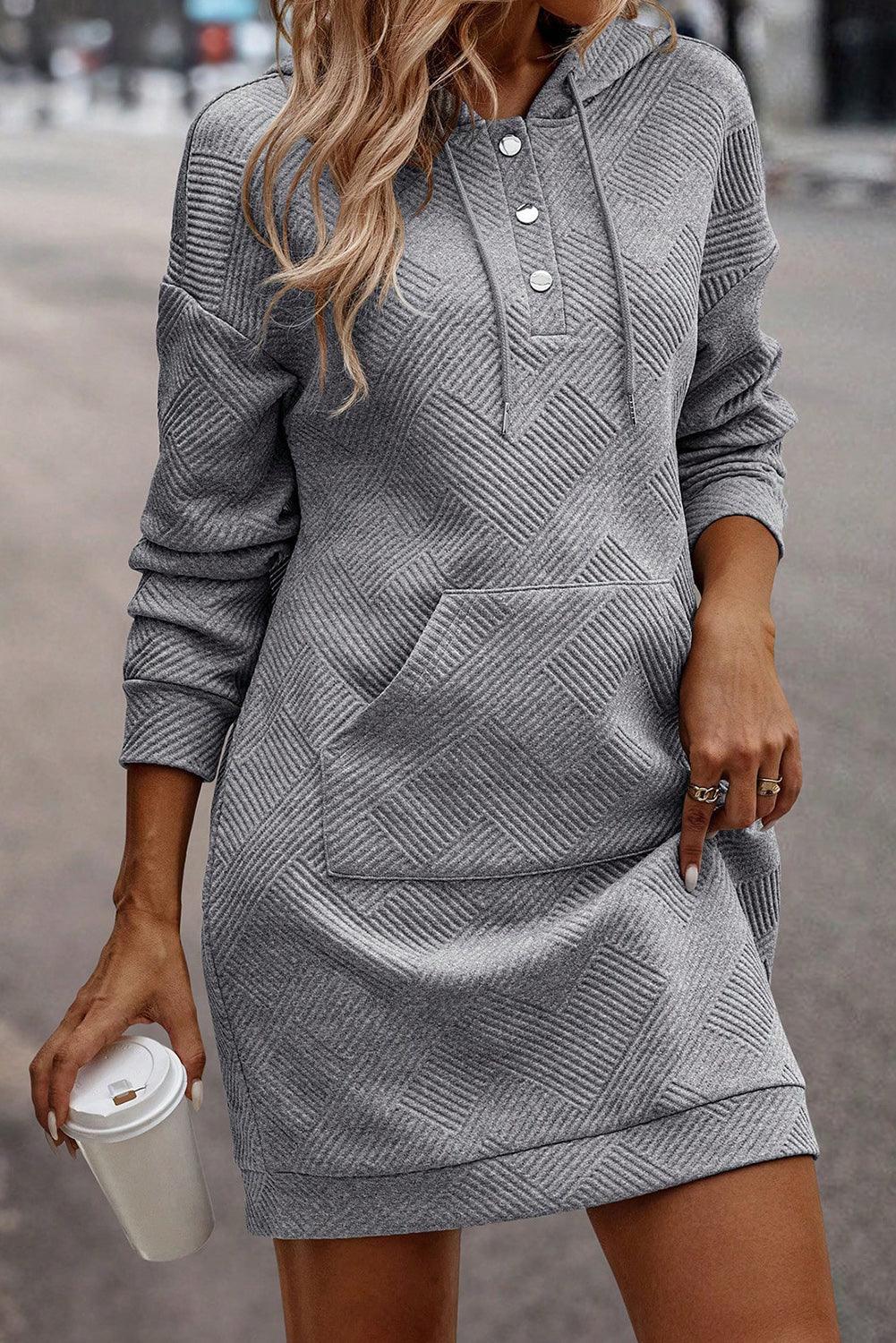 Texture Half Snap Drawstring Hooded Dress Carauana Store