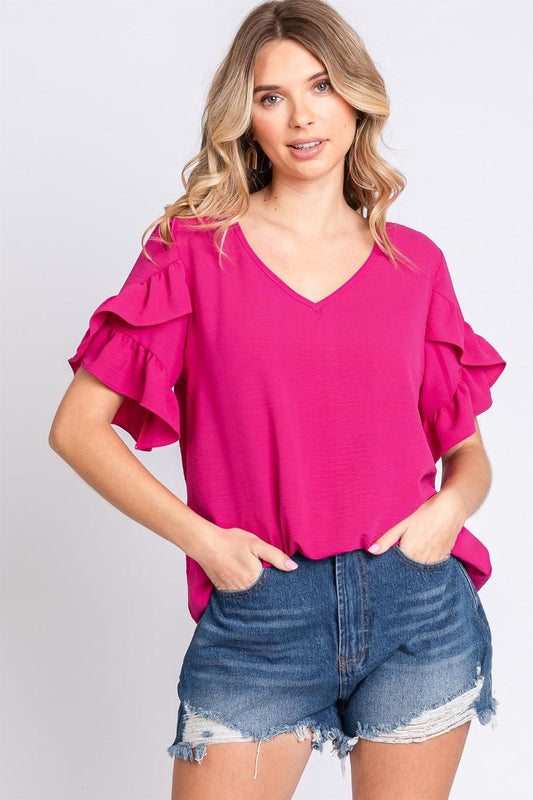 GeeGee V-Neck Ruffle Trim Short Sleeve Blouse Carauana Store