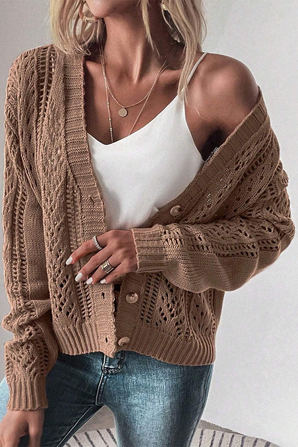 Openwork Button Up Long Sleeve Cardigan Carauana Store