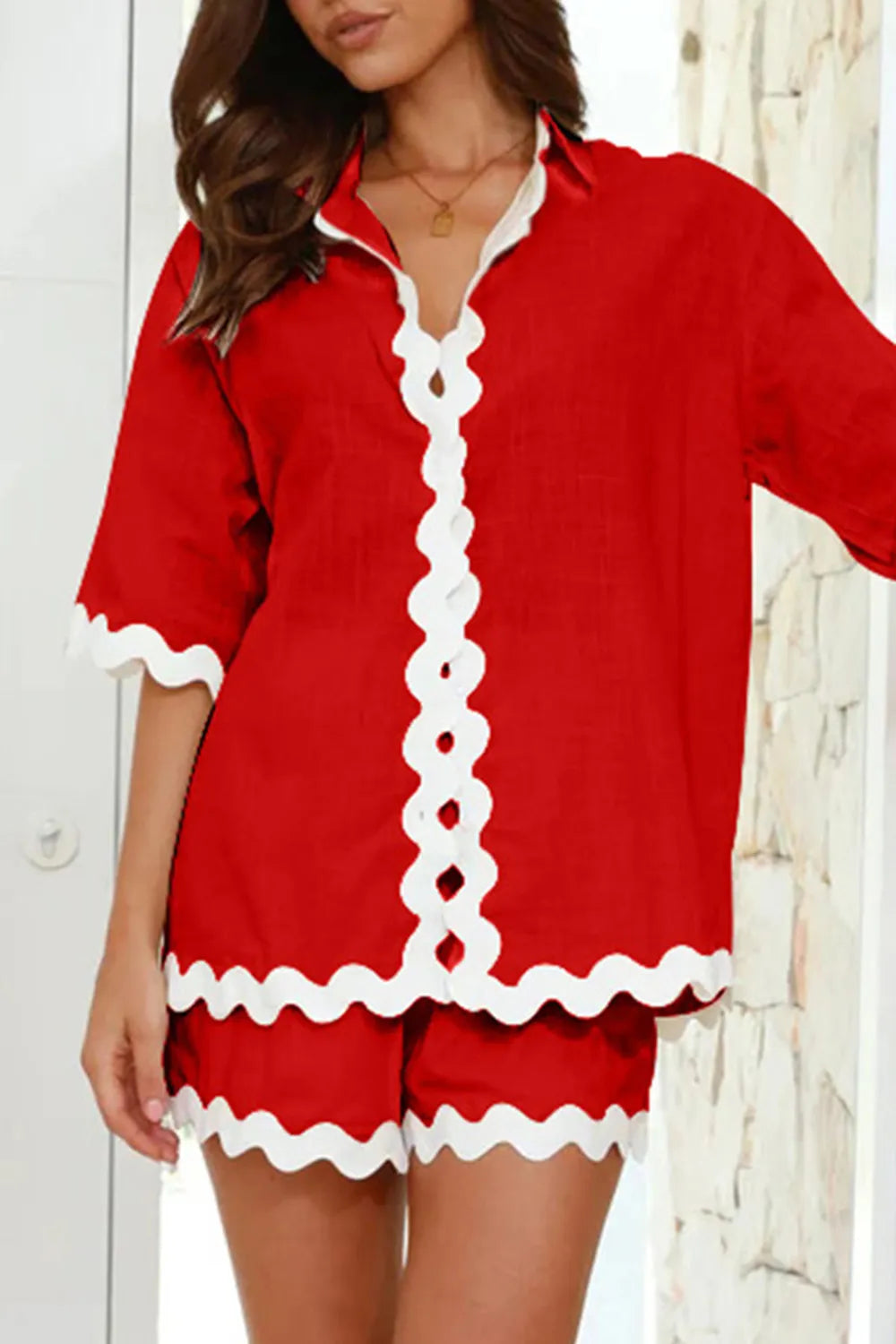 Contrast Trim Half Sleeve Top and Shorts Set Carauana Store