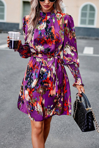 Printed Tie Waist Mock Neck Lantern Sleeve Dress Carauana Store