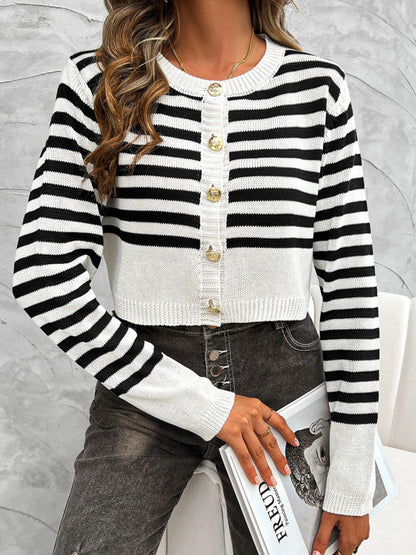 Devine Striped Round Neck Button Down Cardigan Carauana Store