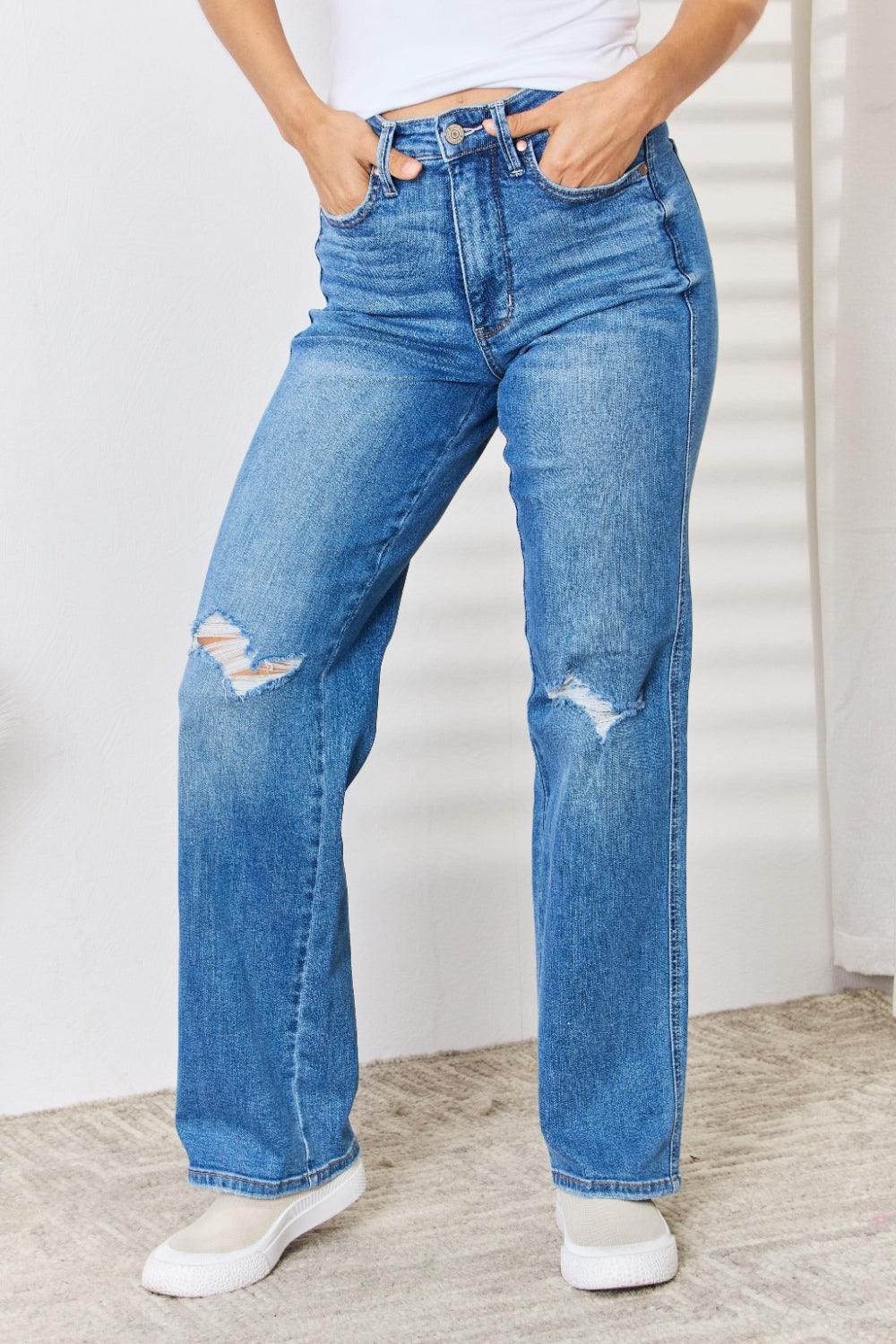 Judy Blue Full Size High Waist Distressed Straight-Leg Jeans Carauana Store