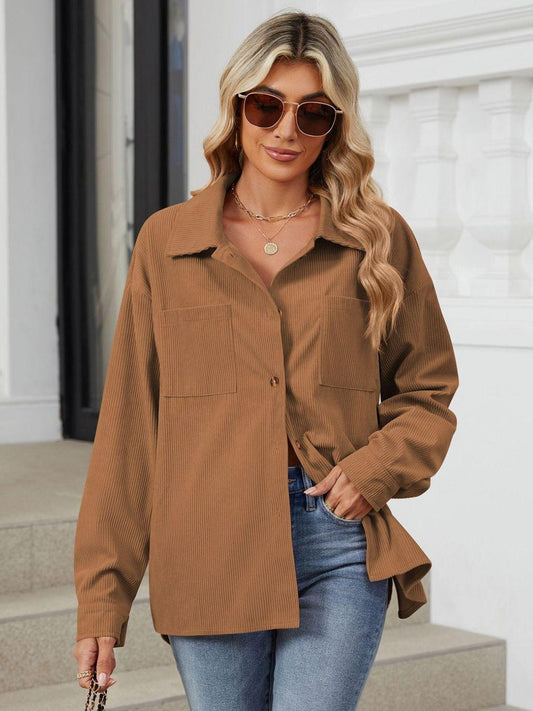 Button Up Dropped Shoulder Long Sleeve Outerwear Carauana Store