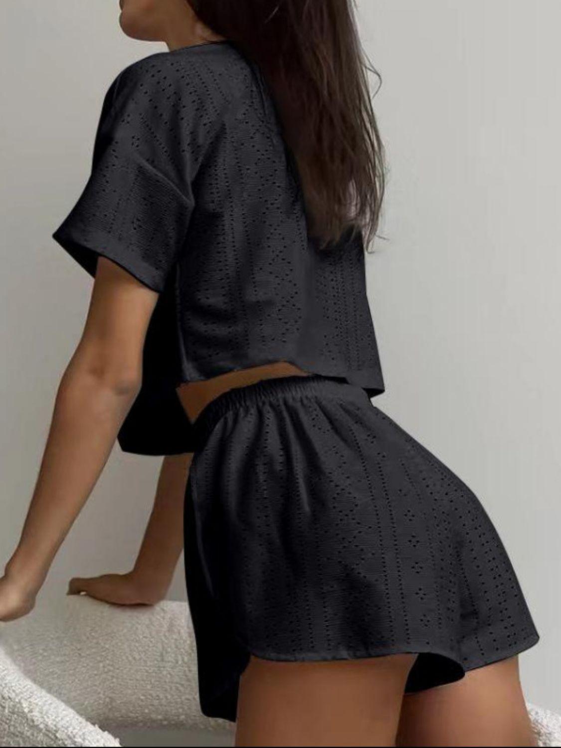 Eyelet Round Neck Top and Shorts Set Carauana Store