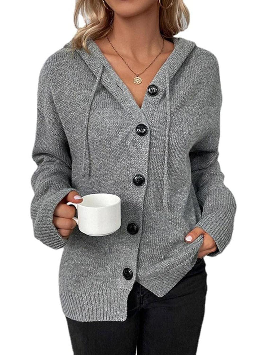 Button Up Drawstring Long Sleeve Hooded Cardigan Carauana Store