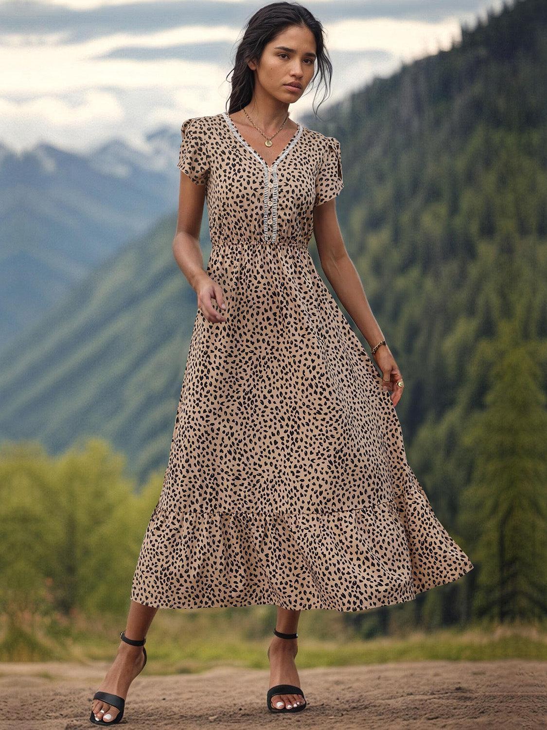 Slit Printed V-Neck Short Sleeve Dress Carauana Store